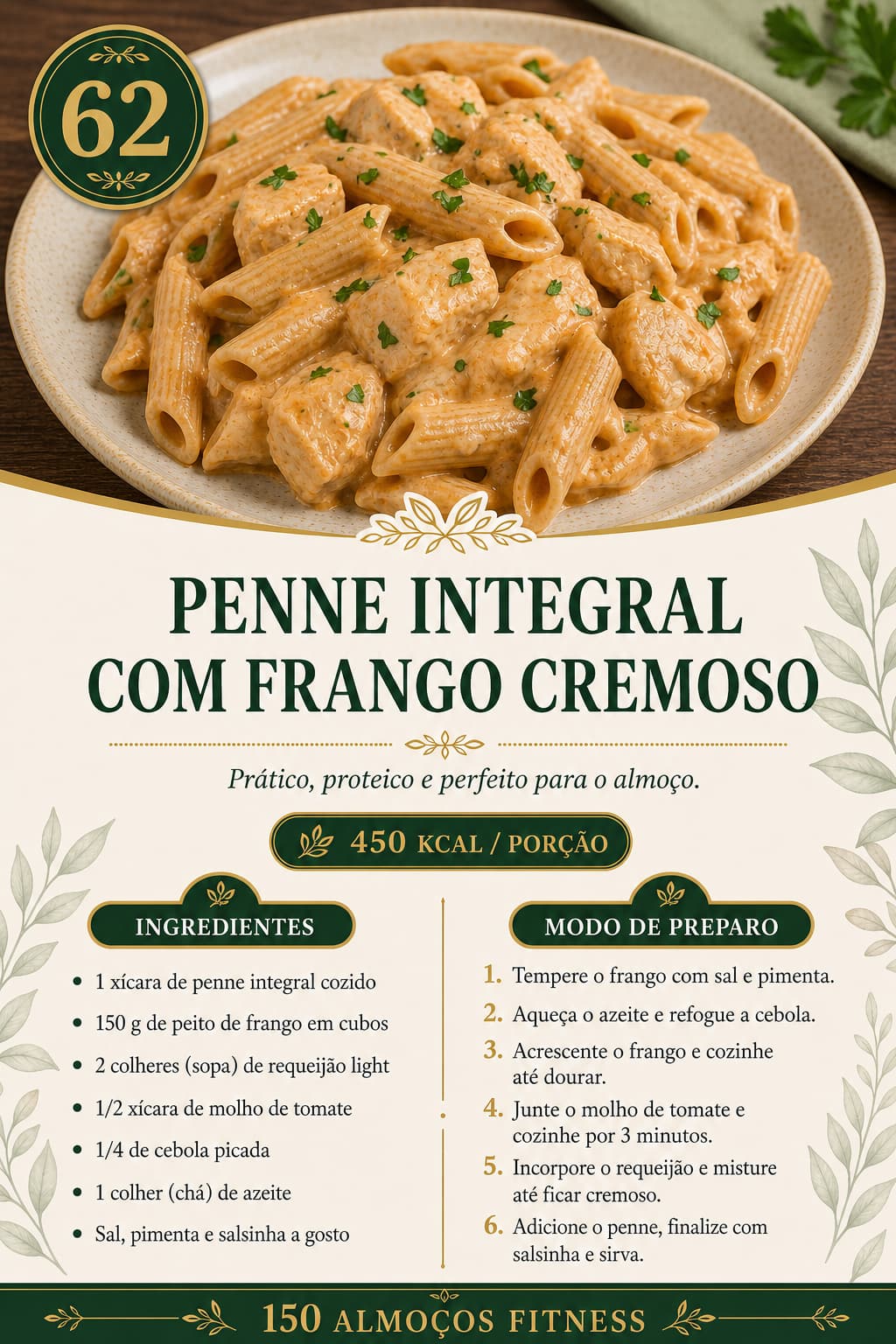 Penne integral com frango cremoso — receita 62